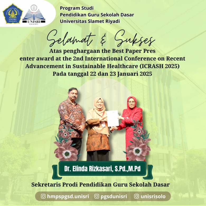 Dosen prodi PGSD Unisri Surakarta Elinda Rizkasari Raih Penghargaan “The Best Papper Presentation Awards” di Malaysia